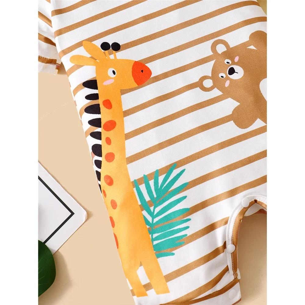 Baby Boy Cute Animals Romper Striped Short Sleeve Jumpsuit+Hat 2PCS Summer Korean Style Clothes Suit for Toddler Boy 3-24Months 3