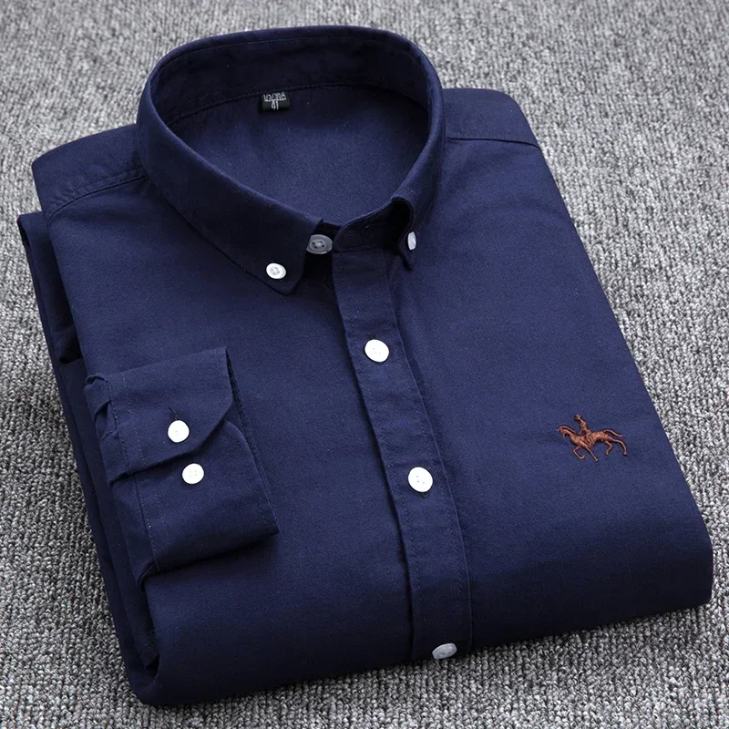 2024 Men's Long Sleeve Dress Shirt Men Pure Cotton Oxford  Embroidered Horse Casual Without Pocket Solid Shirt Plus Size