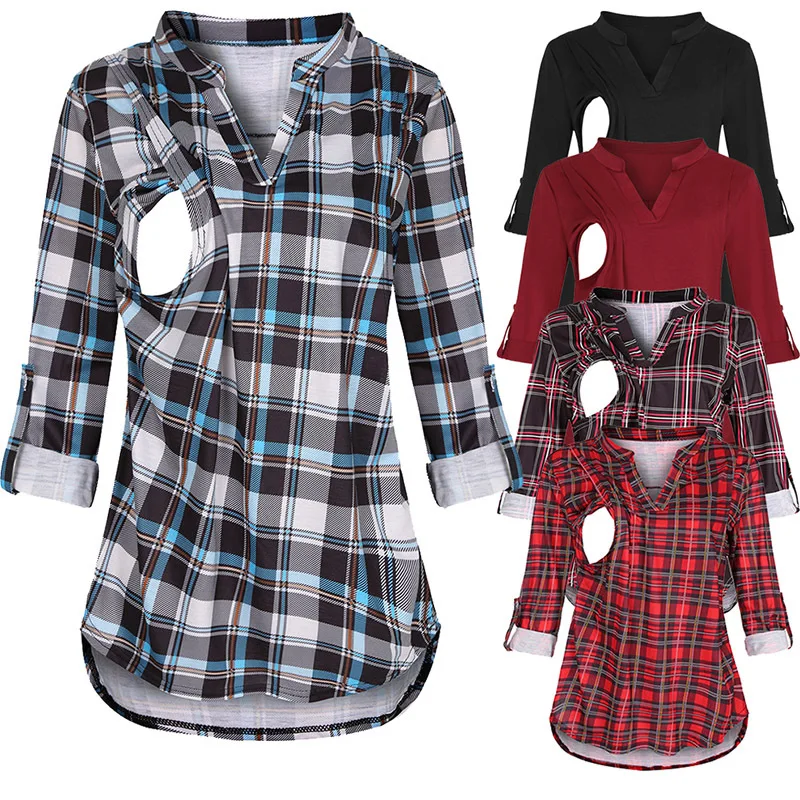Maternity Tops Womens Plaid Shirts Cotton Checkered Printed Pregnant Women's Breastfeeding V-neck Long Sleeved Shirt For Pregnant Women's Outdoor Wear
