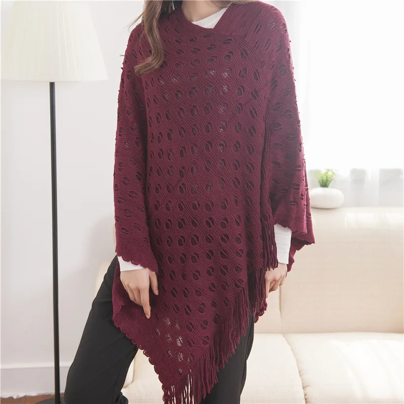 

2022 Spring Autumn New Double-layer Irregular Shawl Hollowed Out Tassel Lattice Cloak Versatile Loose Pullover Poncho Red