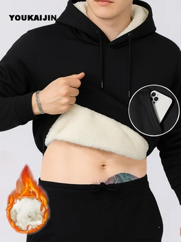 Felpa con cappuccio foderata in pile Sherpa autunno inverno da uomo casual caldo pullover a maniche lunghe tasca felpa giacche cappotti casual uomo 1