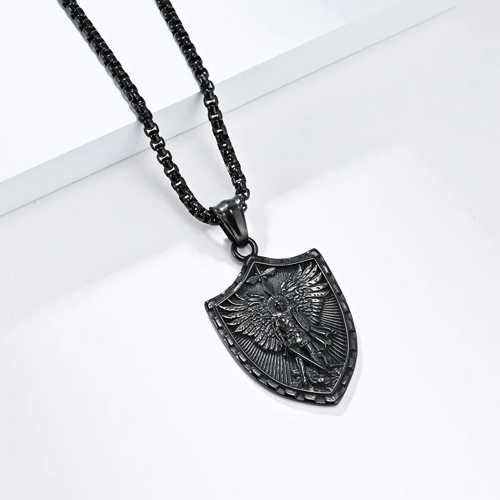 PSJ Fashion Jewelry Accessories Vintage Archangel Shield Pendant Titanium Stainless Steel Necklaces for Men