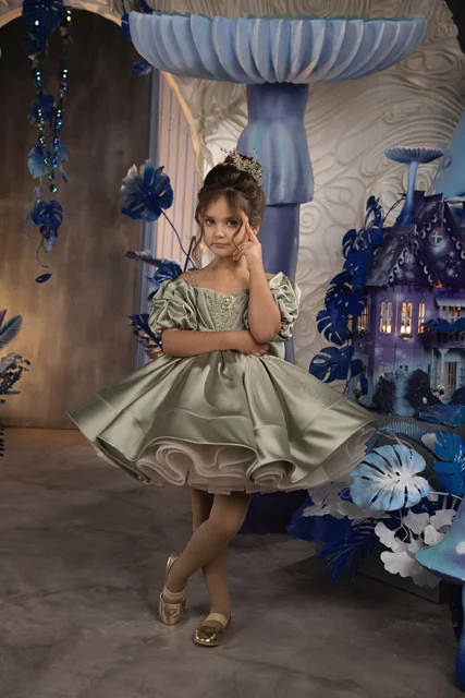 Beaded Puffy Flower Girl Dress For Wedding 2024 Applique Knee Length With Bow Kids Birthday Party Ball Gowns Princess Dress 1