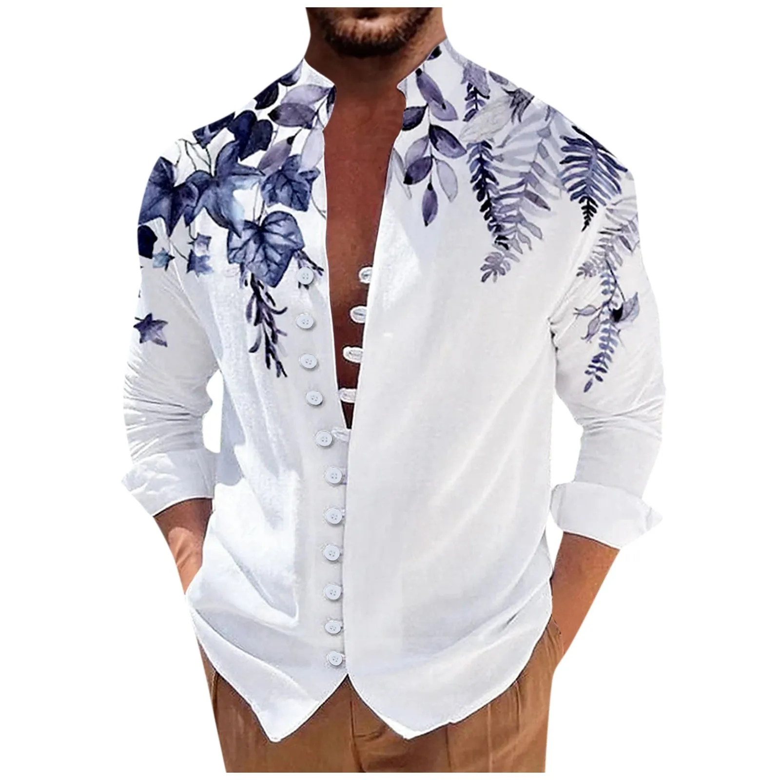 

New Men'S Retro Casual Loose Fitting Long Sleeved Printed Versatile Male Clothes Hygroscopic Roupa Masculina Camisas Masculino