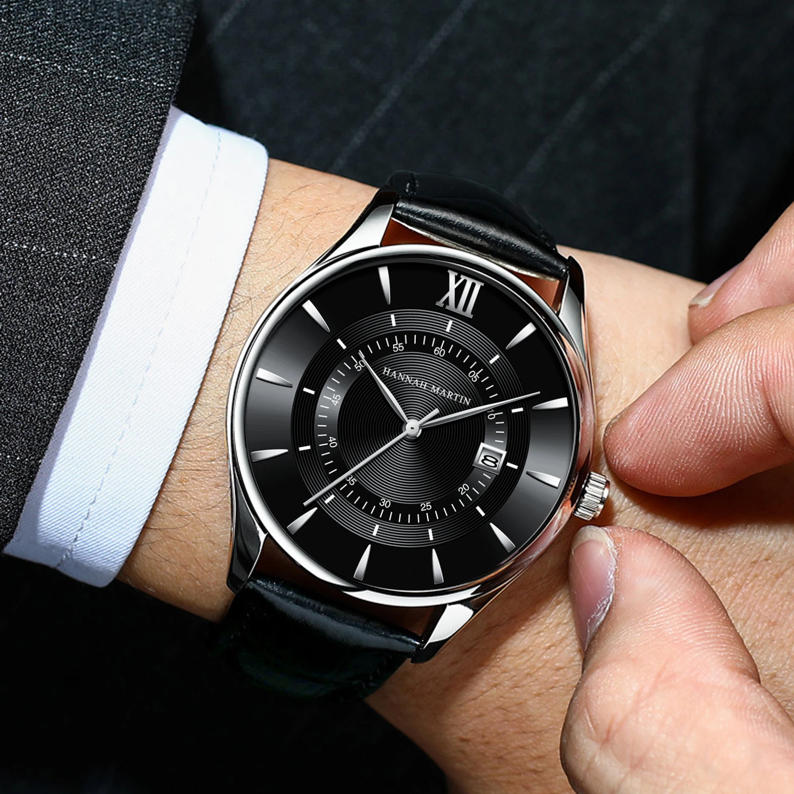 Hannah Martin Dropshipping Black Leather Watches Top Casual Fashion 42mm Business Style Gift Mens Quartz Wristatch Reloj Hombre 4