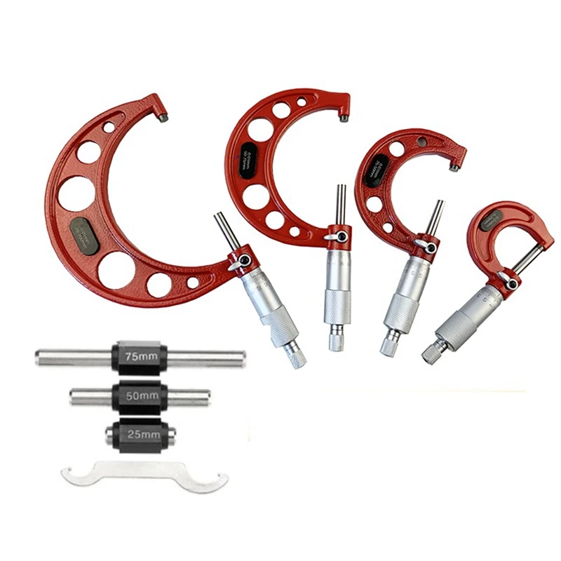 

4 Piece 0-25Mm-50Mm-75Mm-100Mm Outside Micrometer Set With Standards Ratchet Stop Metal 0-100Mm Range 0.01Mm Graduation