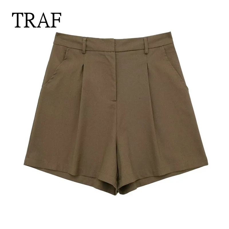 

TRAF Linen Shorts Women 2023 New High Waist Shorts Summer Women Clothing Casual Short Pants Loose Pleated Female Shorts