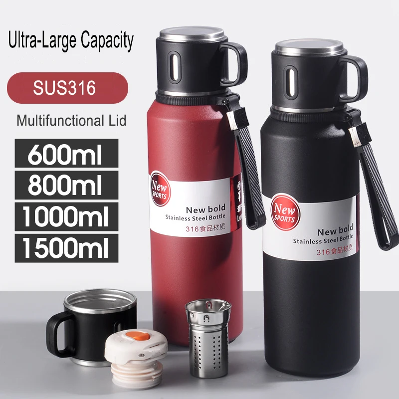 

Large Capacity Stainless Steel Thermos Portable Vacuum Flask Insulated Tumbler with Rope Thermo Water Bottle 600/800/1000/1500ML