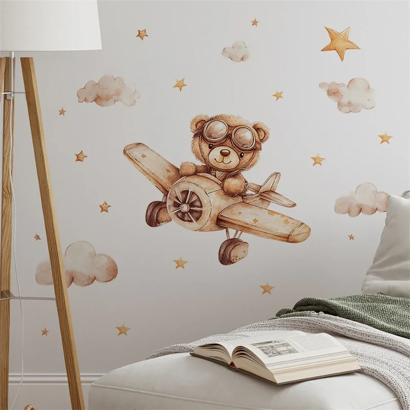 Cartoon Bear Pilot Airplane Wall Stickers for Children's Room Kids Room Wall Decoration Bedroom Decals Living Vinyl wall stickers wall sticker