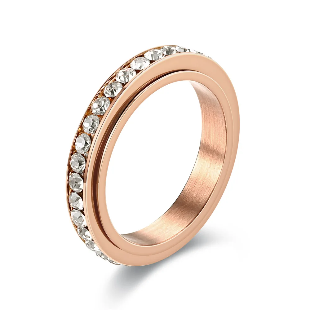 Stainless Steel Spinner Finger Rings For Women 4MM Crystal Rotatable Wedding Ring Men Fashion Anniversary Party Jewelry