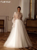 Shiny High Collar Long Sleeve Wedding Dress Sequined Beads Bride Robe Graceful Appliques Bridal Gown Customized Robe De Mariée 1