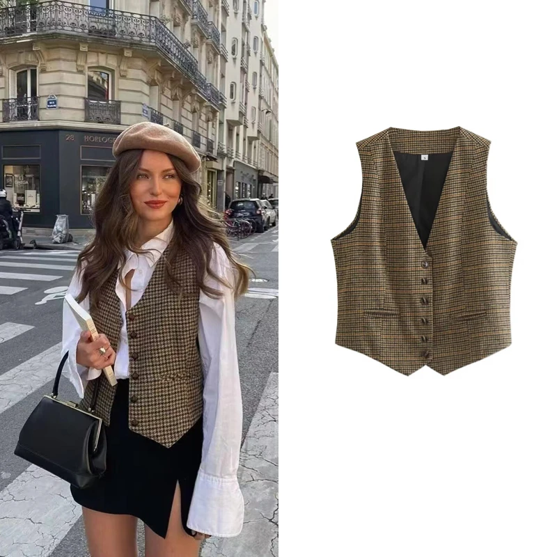 

Vintage Brown Plaid Women Sleeveless Jacket Streetwear Chic Single Breast Casual Waistcoata Fashion 2022 Outwear Vest