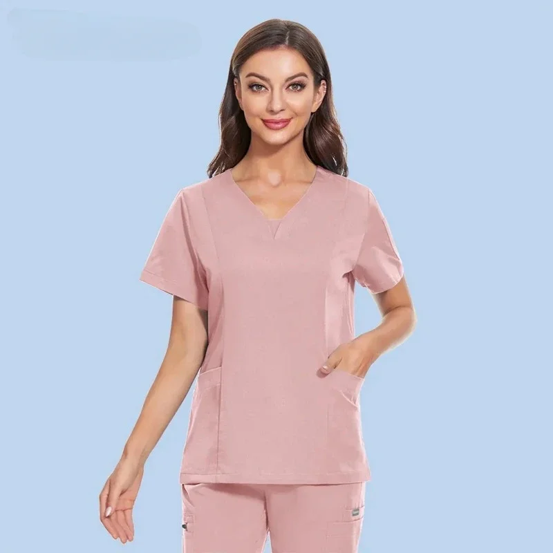 

Women Medica Scrubs Tops Nurse Nursing Uniform Short Sleeve V-neck Beauty Blouse Scrub Shirt With Pocket Work Wear Lab Jacket