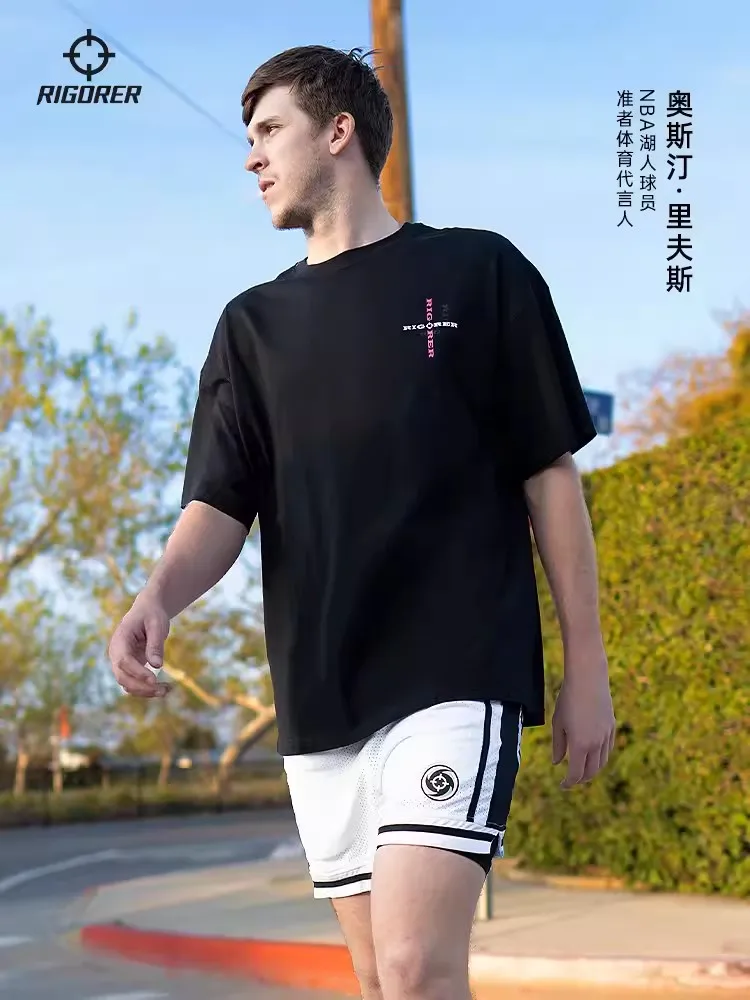 

RIGORER 100% Cotton Sports T-shirt Short Sleeve Men Pattern Printed Sports Round Neck Harajuku Street Sports Top