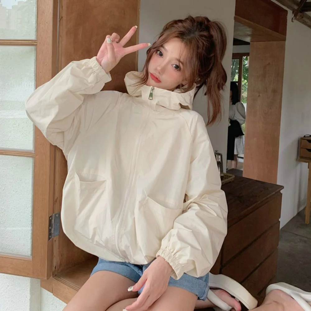 Casual Loose Sunscreen Coat Women Solid Color Windproof Sun-Protective Tops Quick-Drying Clothing Hooded Jacket Spring Autumn