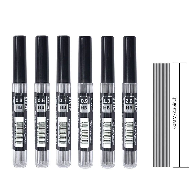 6Boxes Long 60mm Mechanical Pencil Lead 0.3 0.5 0.7 0.9 1.3 2.0mm HB Refills Leads Art Drawing Automatic Pencil Accessories 6