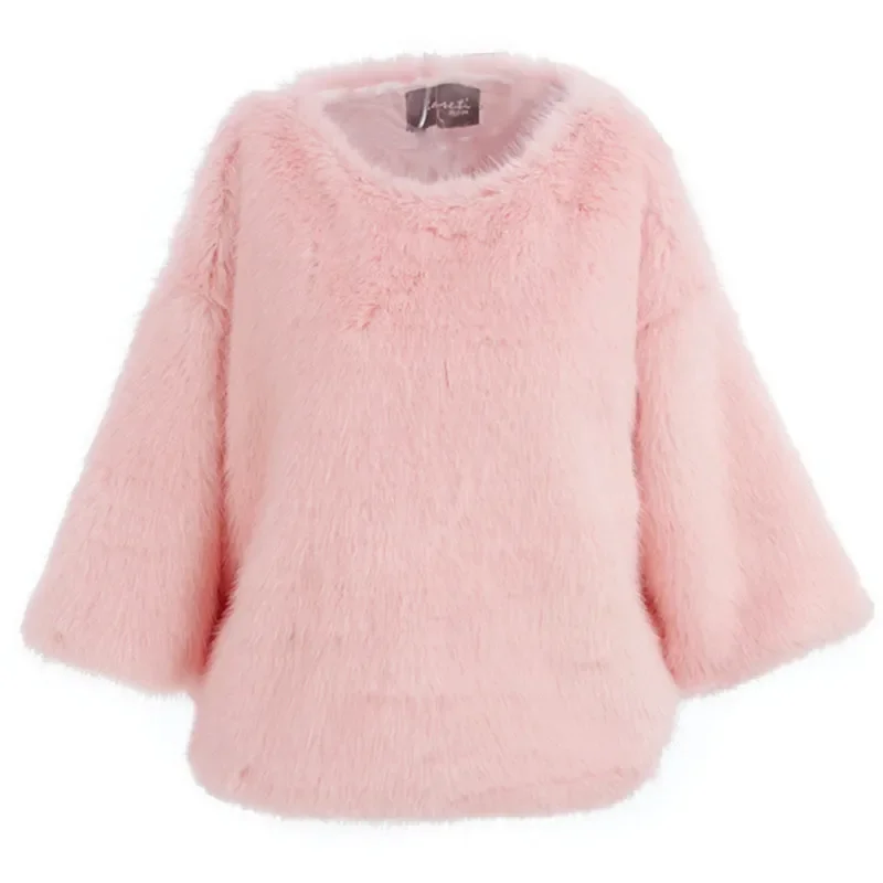 Women Fur Tops Korean Fashion Pure Color Casual Fluffy Rabbit Fur Mink Short  Faux Fur Coat Flared Sleeves Winter Plush Sweater