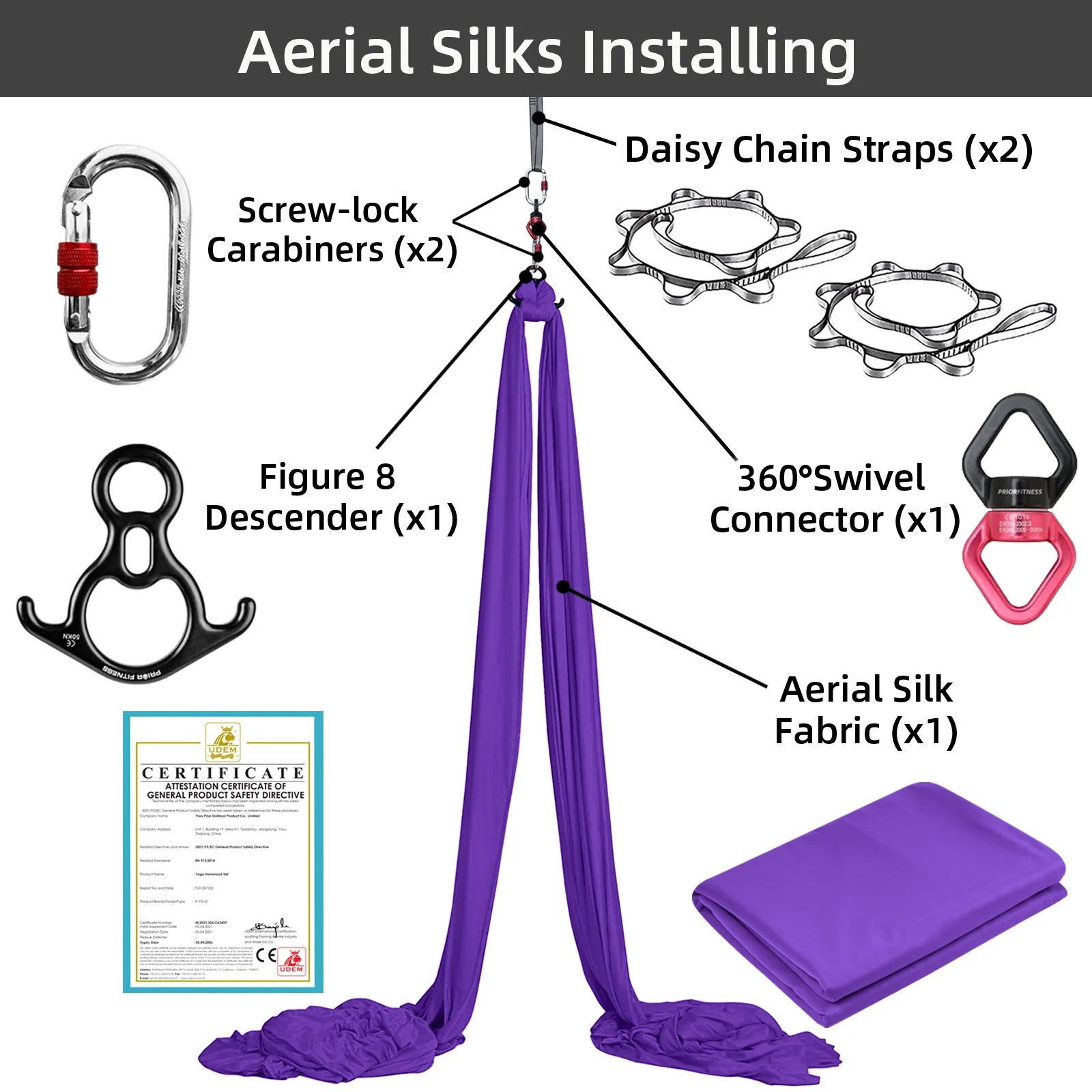 11 Yards Aerial Silks Kit Aerial Swing for Acrobatic Flying Yoga Durable Silks Hardware Swivel All Levels