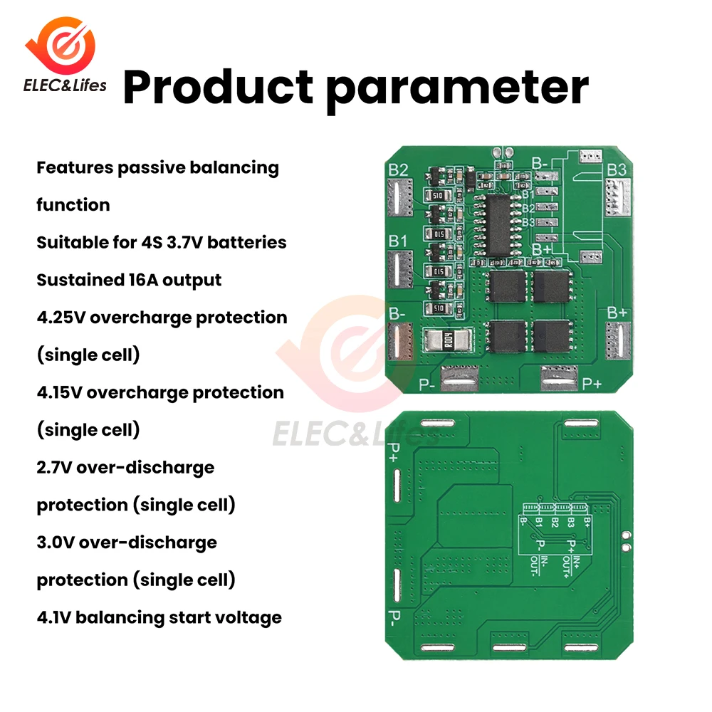 Scheda di Protezione Batteria BMS 4S 16A con Bilanciamento Passivo, Protezione da Sovraccarico e Scarica Eccessiva per Batterie Li-ion Polimero 4S 3.7V - immagine 4