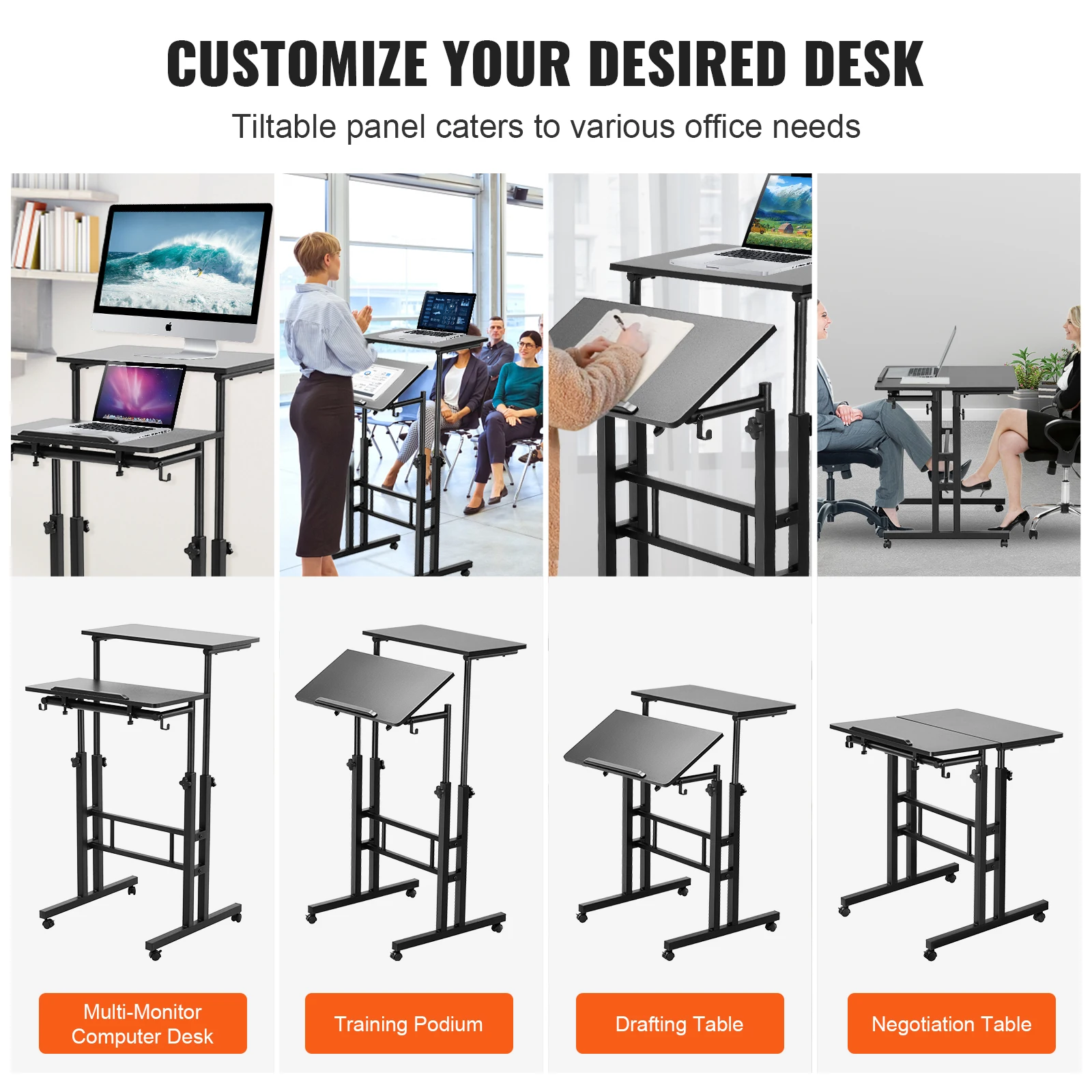 Sit-Stand Desk VEVOR 26.4"-44.9" Gas-Spring Height Adjustable 360&deg; Swivel Wheels Home Office Rolling Laptop Tiltable