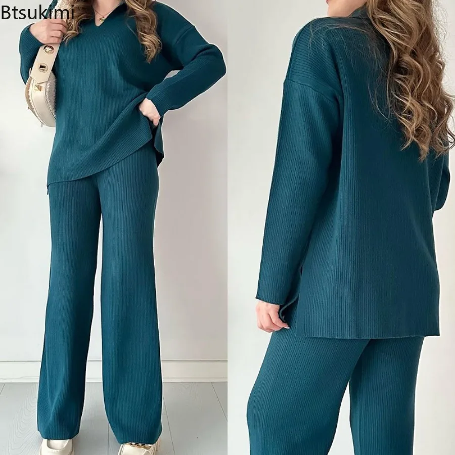 2024 Women's Knitted Pullover Suit Sets 2PCS Solid V Neck Split Loose Female Pants Set Wide Leg Pants High Waist Matching Sets