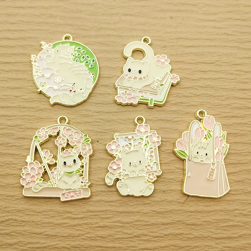 

10pcs Enamel Flower Cat Charm for Jewelry Making Zinc Alloy Gold Plated