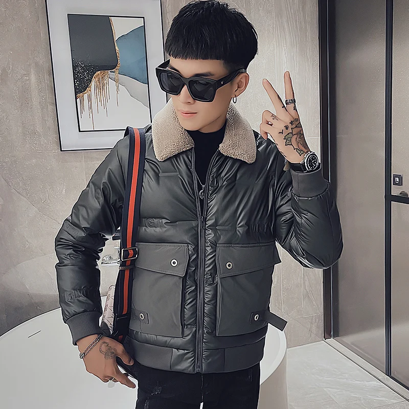 

Men 2022 Winter New Fashion Short Fur Collar Warm Jackets Men's White Duck Down Outerwear Male Long Sleeve Slim Overcoats V23