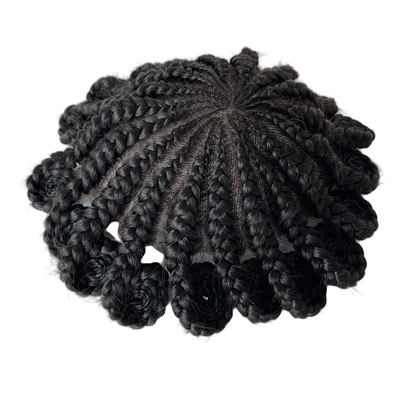 Mongolian Virgin Human Hair Hairpiece #1 Jet Black Cornrow Braids 8x10 VER Toupee Mono with Front Lace Unit for Black Men.