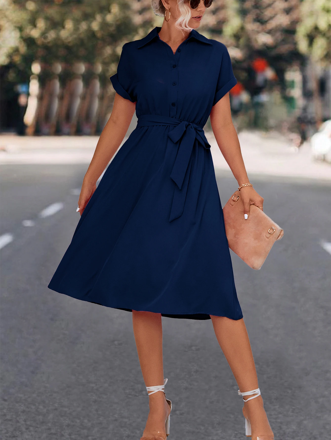 Cherry Invasion Spring Summer Casual Solid Color Knee-Length Shirt Dress for Women