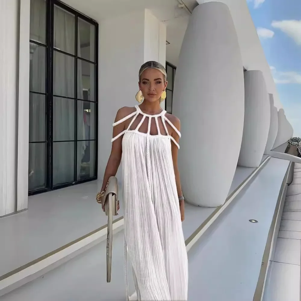 Beach Cover Up Women's Beachwear 2024 Solid Tie String Strapless Sexy Hanging Neck Loose Vacation Dress