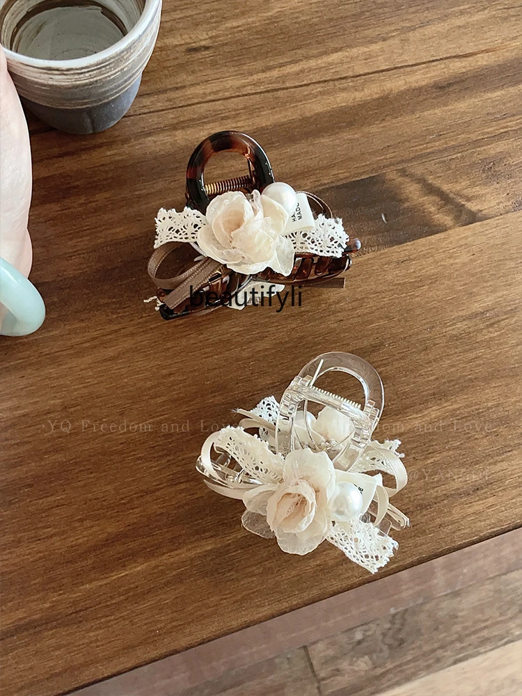 Camellia Half Tie Hairpin Women's Chinese-Style High-Grade Flower Pearl Back Head Grip High-End Rose Headdress
