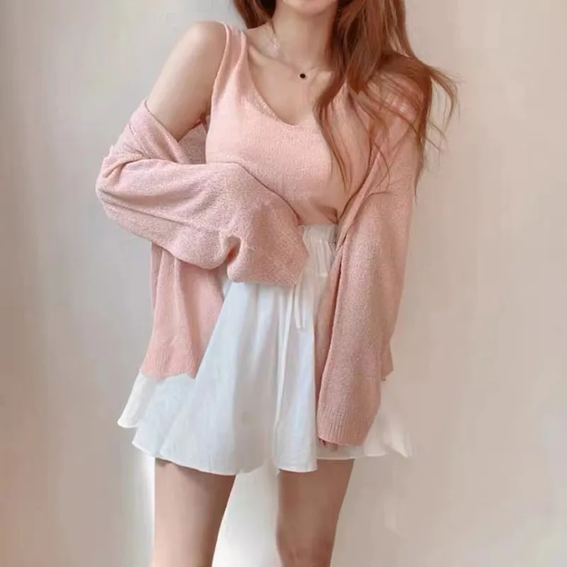 카미스 니트 루즈핏 자외선 차단 셔츠 투피스 세트, V넥 카디건, 여성 코트, 캐주얼 조끼, 한국 패션