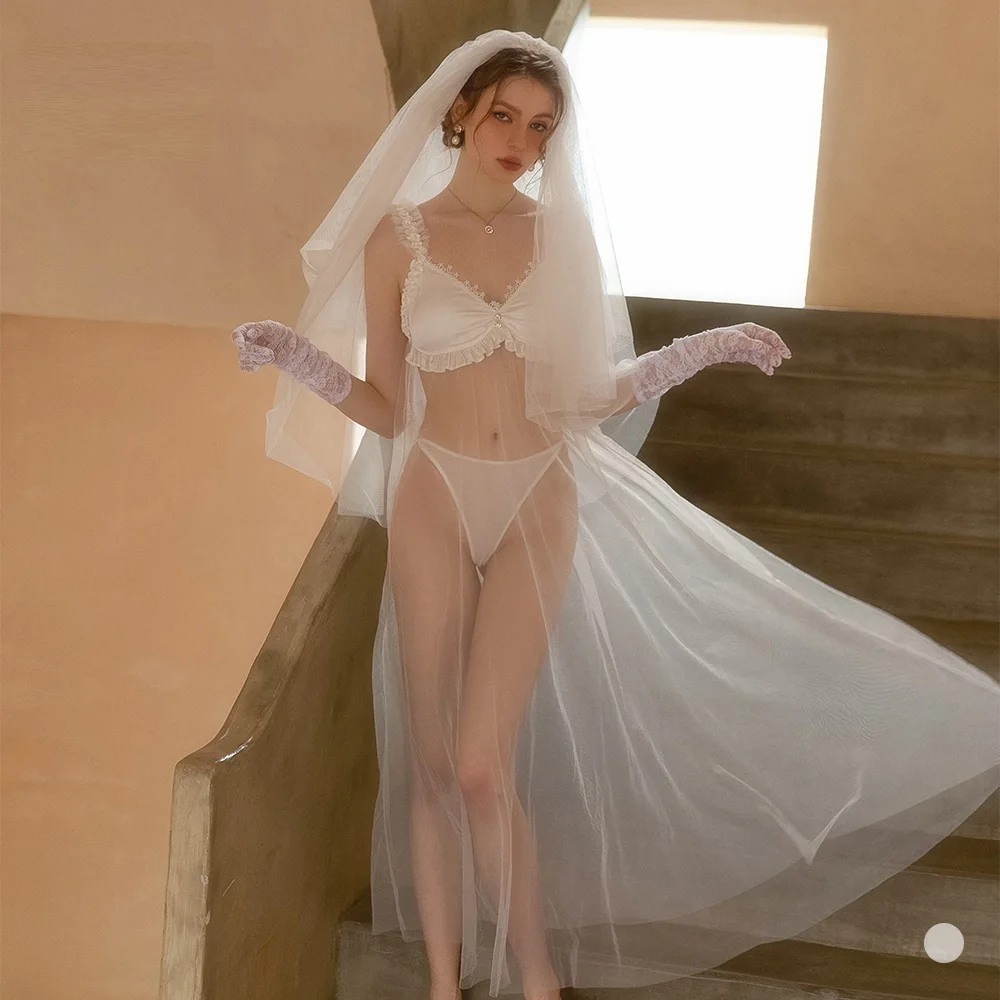 New Fashion Women's Sexy Mesh See-through Roleplay Bride Lingerie Dress Lady Naugty Stylish Cosplay Party Wedding Costumes