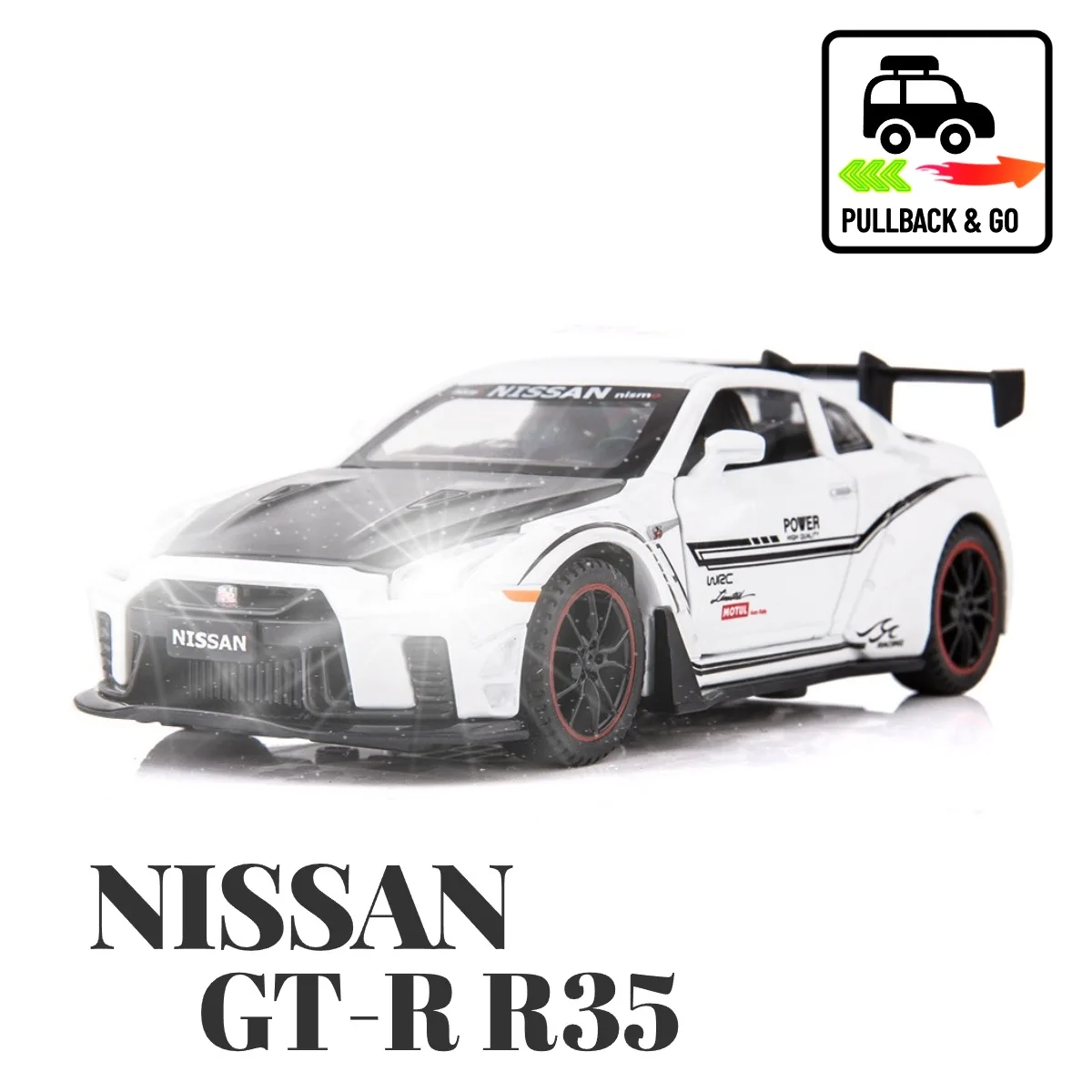 

1:32 Nissan GT-R R35 Pullback Car Toy with Lights Engine Sound, Metal Diecast Car Model Scale Replica Gift Kid Boy Toy
