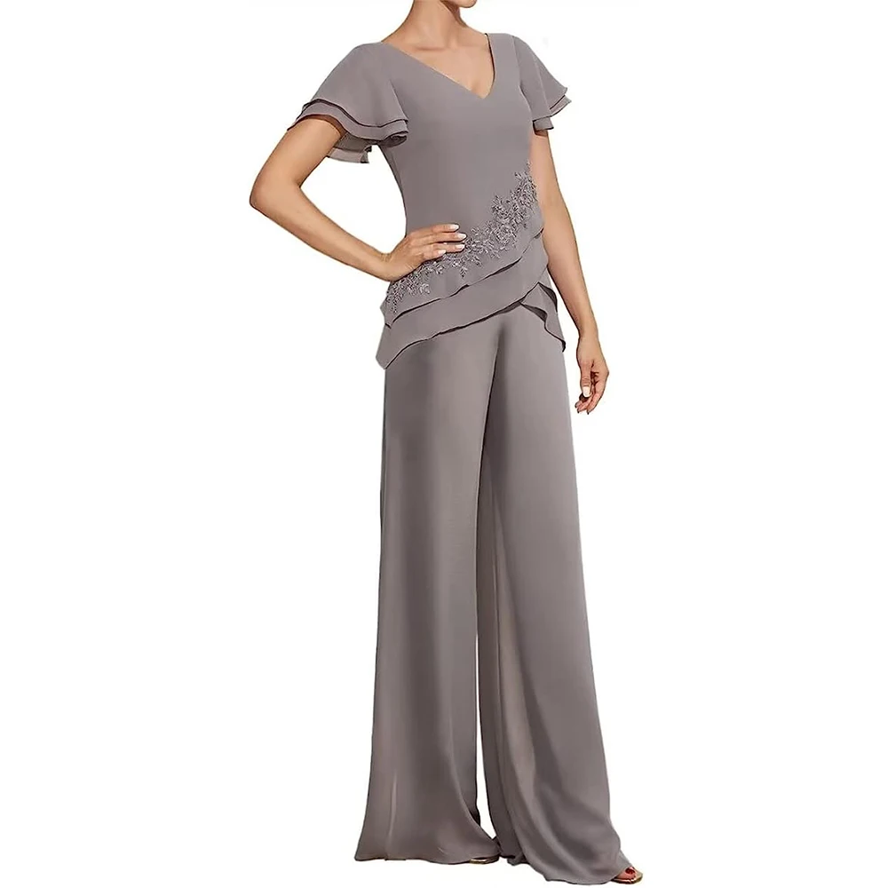 

Chiffon Mother of The Bride Pants Suits Lace Appliques Mother of The Bride Dresses for Wedding Party Dresses