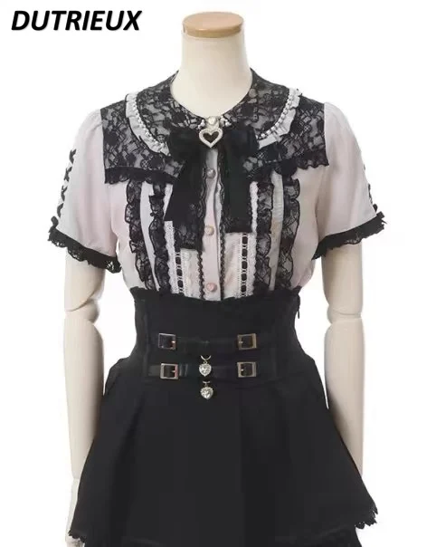 Japanese Mine Shirt Women's Summer Blouse Tops Cute Sweet Lace Bow Stitching Long Short Sleeve Shirts Girls Detachable Sleeve