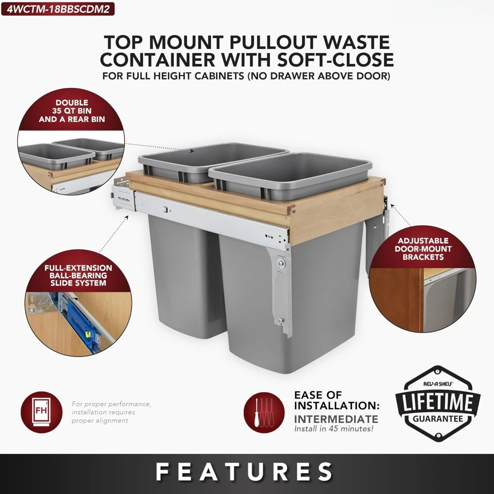 Double Pull Out Under Cabinet Trash Can w/Soft-Close, 35 Qt Garbage Bin for 15" x 1.5" Face Frame, Silver 3