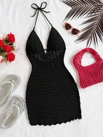 Women's V-Neck Strapless Dress, Hollow Out, Wooden Bead, Slim Fit, Gradient Color, Knitted, Sexy, Vacation Wear - Image 3