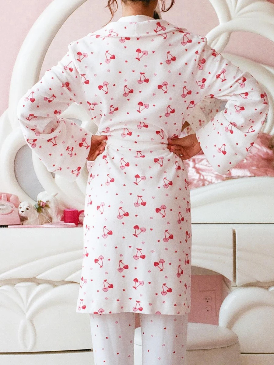 

Women s Bathrobe Dressing Gown Cherry Print Shawl Collar Bath Robe Hotel Spa Robes Loungewear with Belt