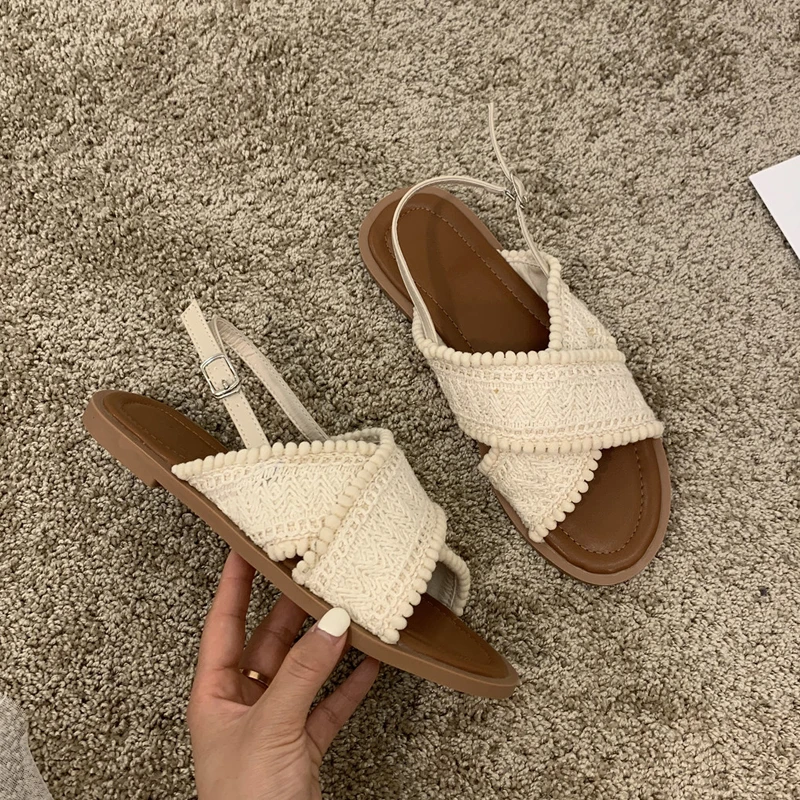 Retro Crochet Lace Slingback Sandals Woman Ethnic Fashion Cross Strap Sandalias Ladies Casual Flat Summer Shoes