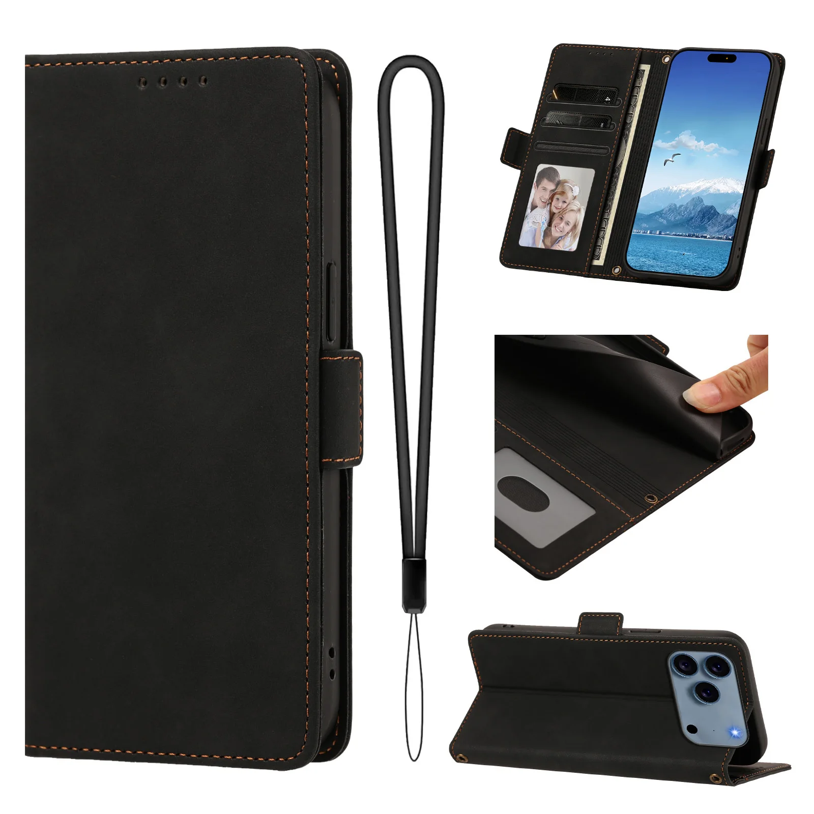 Leather Flip Case with Magnetic Clip and Wrist Rope Wallet