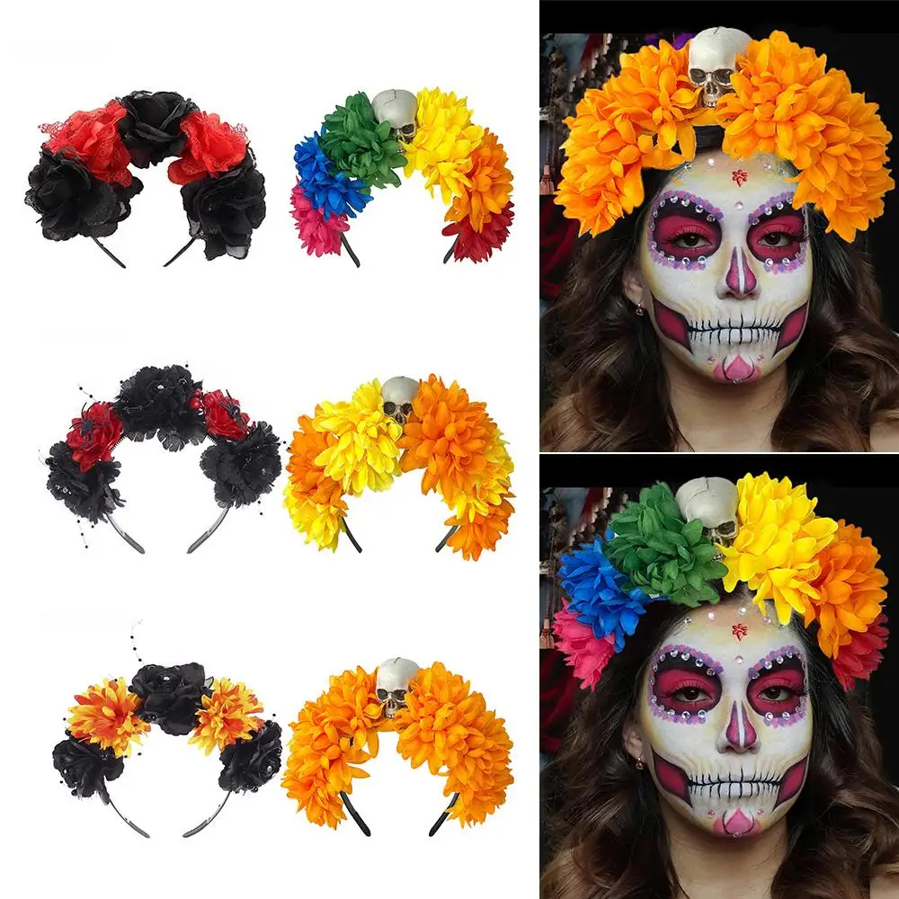Mode Spinne Schädel Halloween Kopf bedeckung Party Kostüm Haarschmuck Blume Stirnbänder mexikanische Rose Blume Krone für Frauen