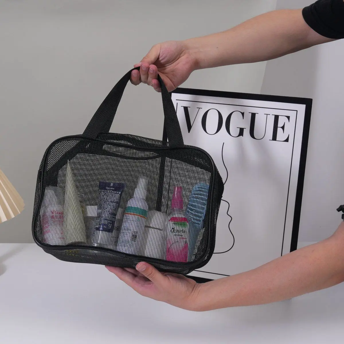 Black Rubber Mesh Portable Cosmetic Storage Bag