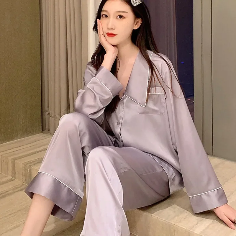 2023 New Pajamas Women's Spring Summer Ice Silk Thin Imitation Silk High-end Loungewear Long Sleeved Homewear Two-piece Set