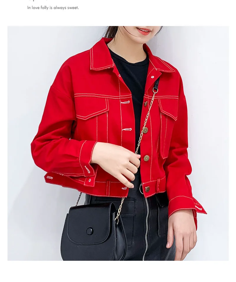 

Denim Jacket Women's Short Spring and Autumn New Korean Version Loose and Versatile Casual 2023 Red Simple Long Sleeved Top