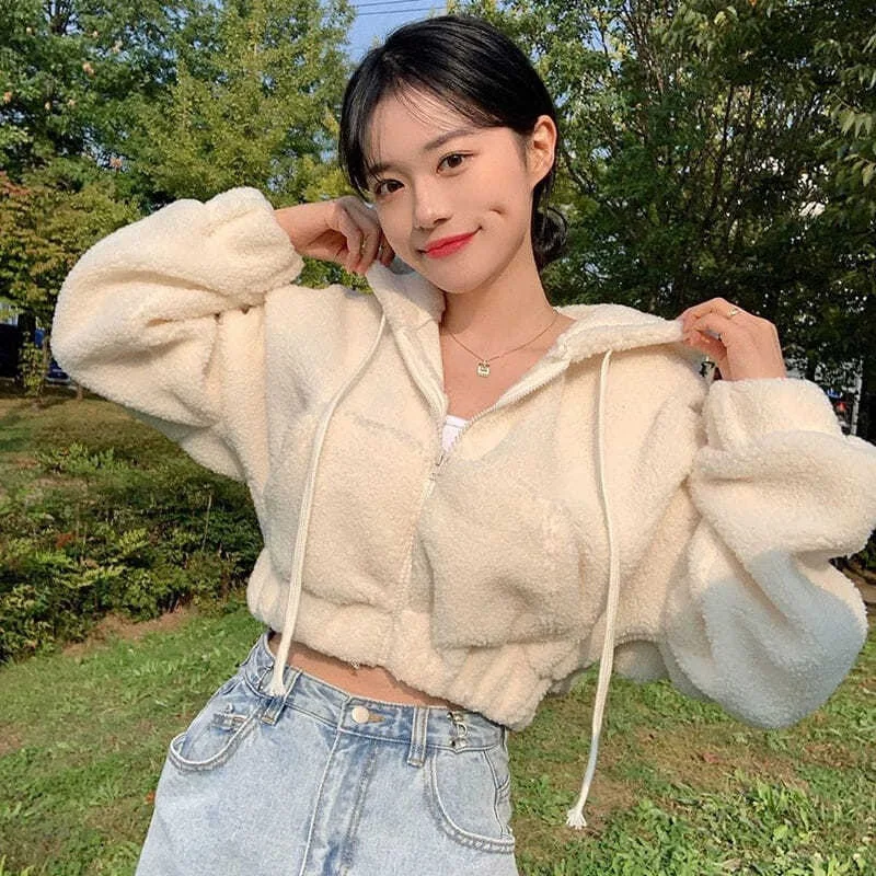 Sweatshirt Korean Chic Lamb Wool Zipper Short Jacket Women Loose Hooded Crop Top Long Sleeve Autumn Coat Sweet Cute Hot Sale