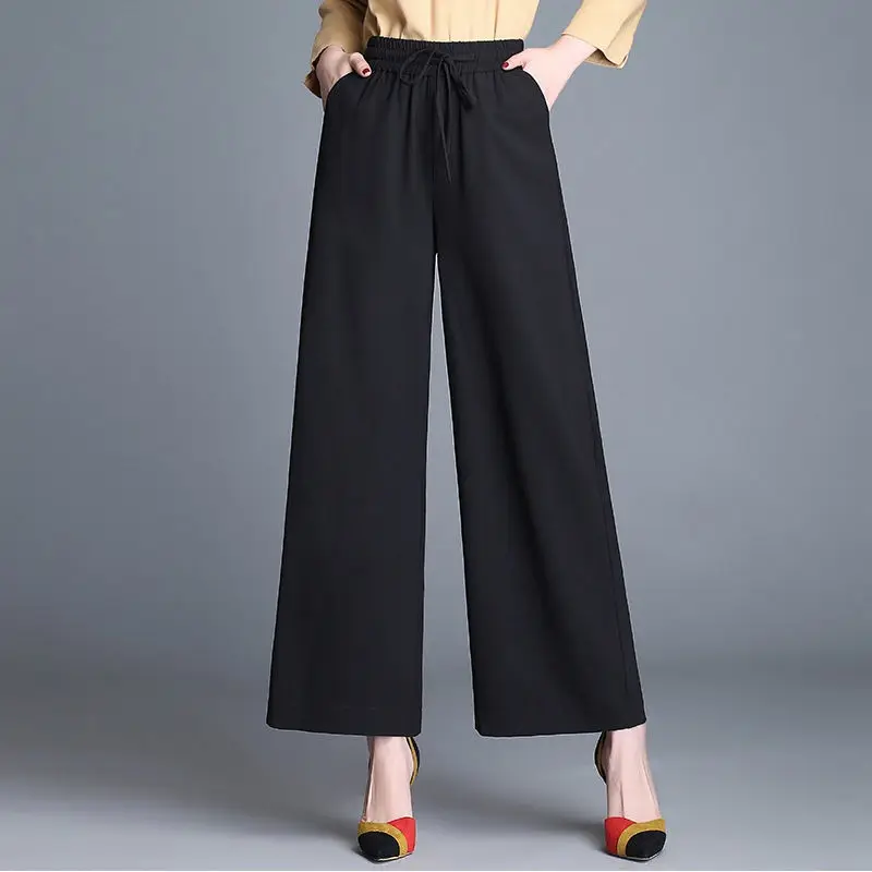 Women Casual Wide Leg Pants 2023 High Quality Cotton Linen Ankle-Length Pants Oversized Solid Colors Drawstring Baggy Trousers