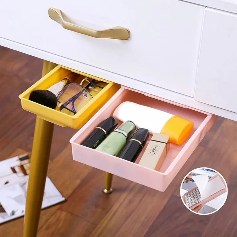 Hidden storage box, desk drawer, self-adhesive plastic desktop rack, simple...