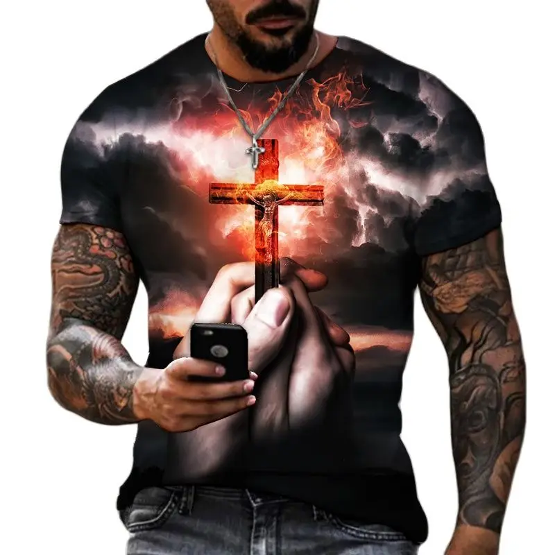 

Summer Men's 3D Printed T-shirt, God, Religion, Christ, Jesus, Cross, Quick Drying Round Neck Short Sleeves, Polyester Fiber.