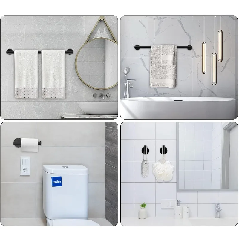 Matte Black Bathroom Hardware Set,Robe Hook,Toilet Paper Holder,5 Piece Bathroom Accessories Set Stainless Steel Wall Mounted
